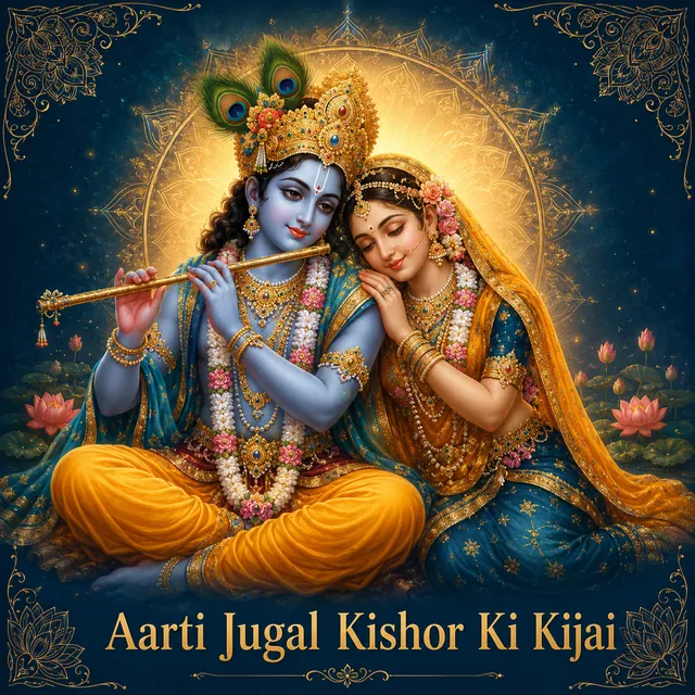 Devotional illustration accompanying Aarti Jugal Kishor Ki Kijai, framed by a gold mandala halo and ornamental corner border on a deep blue background