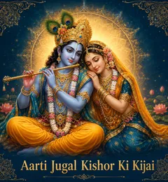 Devotional illustration accompanying Aarti Jugal Kishor Ki Kijai, framed by a gold mandala halo and ornamental corner border on a deep blue background