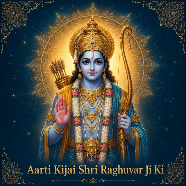 Devotional illustration accompanying Aarti Kijai Shri Raghuvar Ji Ki, framed by a gold mandala halo and ornamental corner border on a deep blue background