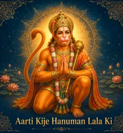 Devotional illustration accompanying Aarti Kije Hanuman Lala Ki, framed by a gold mandala halo and ornamental corner border on a deep blue background