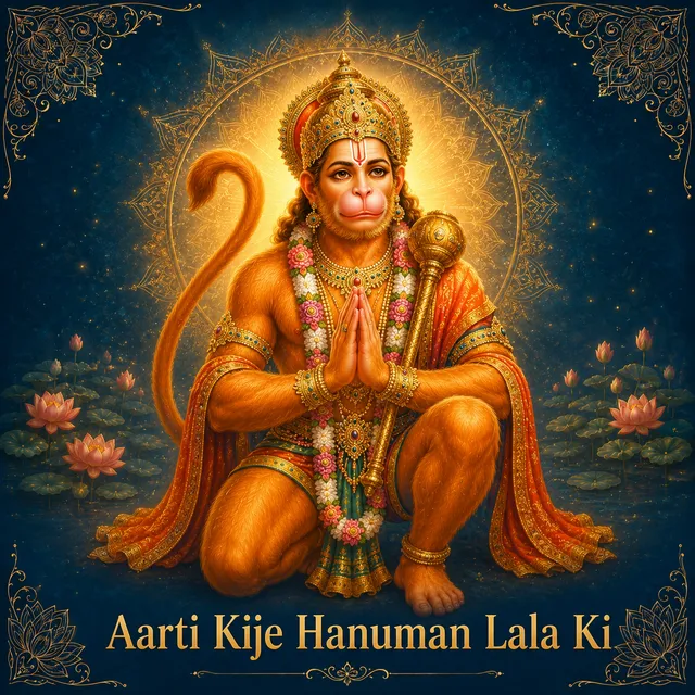 Devotional illustration accompanying Aarti Kije Hanuman Lala Ki, framed by a gold mandala halo and ornamental corner border on a deep blue background