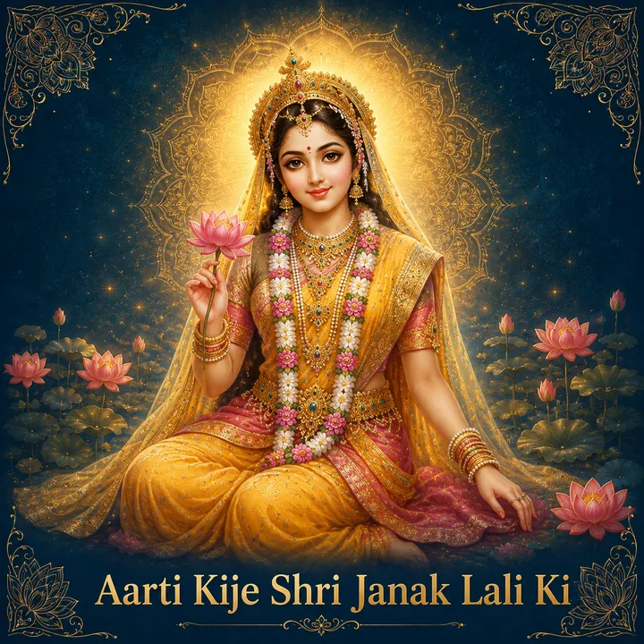Devotional illustration accompanying Aarti Kije Shri Janak Lali Ki, framed by a gold mandala halo and ornamental corner border on a deep blue background