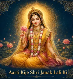 Devotional illustration accompanying Aarti Kije Shri Janak Lali Ki, framed by a gold mandala halo and ornamental corner border on a deep blue background