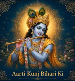 Devotional illustration accompanying Aarti Kunj Bihari Ki, framed by a gold mandala halo and ornamental corner border on a deep blue background
