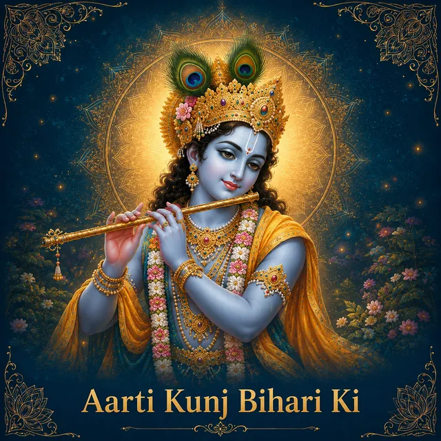 Devotional illustration accompanying Aarti Kunj Bihari Ki, framed by a gold mandala halo and ornamental corner border on a deep blue background
