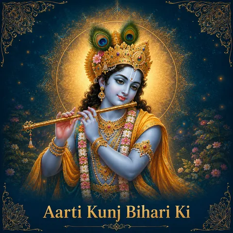 Devotional illustration accompanying Aarti Kunj Bihari Ki, framed by a gold mandala halo and ornamental corner border on a deep blue background