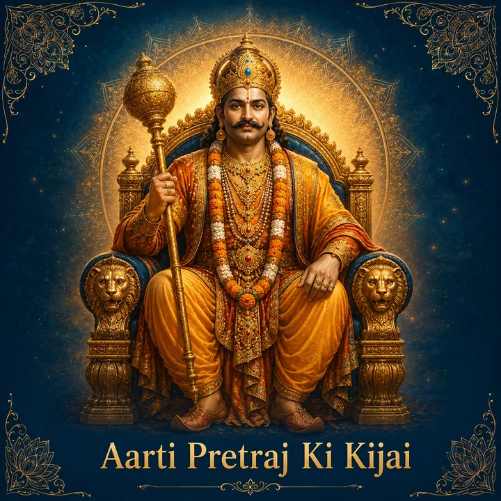 Devotional illustration accompanying Aarti Pretraj Ki Kijai, framed by a gold mandala halo and ornamental corner border on a deep blue background