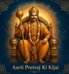 Devotional illustration accompanying Aarti Pretraj Ki Kijai, framed by a gold mandala halo and ornamental corner border on a deep blue background