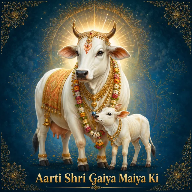 Devotional illustration accompanying Aarti Shri Gaiya Maiya Ki, framed by a gold mandala halo and ornamental corner border on a deep blue background