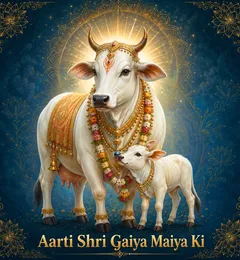 Devotional illustration accompanying Aarti Shri Gaiya Maiya Ki, framed by a gold mandala halo and ornamental corner border on a deep blue background