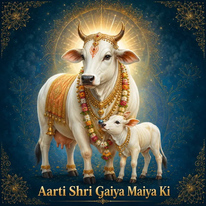 Devotional illustration accompanying Aarti Shri Gaiya Maiya Ki, framed by a gold mandala halo and ornamental corner border on a deep blue background