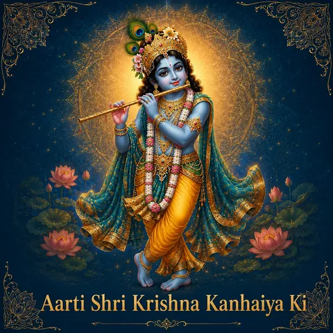 Devotional illustration accompanying Aarti Shri Krishna Kanhaiya Ki, framed by a gold mandala halo and ornamental corner border on a deep blue background