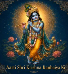 Devotional illustration accompanying Aarti Shri Krishna Kanhaiya Ki, framed by a gold mandala halo and ornamental corner border on a deep blue background