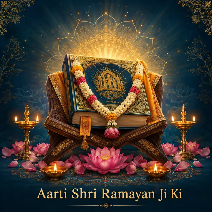 Devotional illustration accompanying Aarti Shri Ramayan Ji Ki, framed by a gold mandala halo and ornamental corner border on a deep blue background