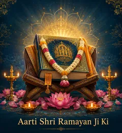 Devotional illustration accompanying Aarti Shri Ramayan Ji Ki, framed by a gold mandala halo and ornamental corner border on a deep blue background