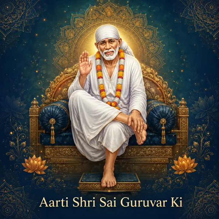 Devotional illustration accompanying Aarti Shri Sai Guruvar Ki, framed by a gold mandala halo and ornamental corner border on a deep blue background