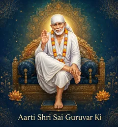 Devotional illustration accompanying Aarti Shri Sai Guruvar Ki, framed by a gold mandala halo and ornamental corner border on a deep blue background