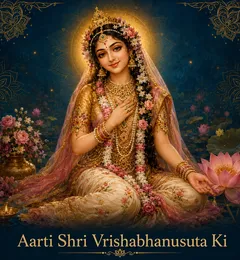 Devotional illustration accompanying Aarti Shri Vrishabhanusuta Ki, framed by a gold mandala halo and ornamental corner border on a deep blue background