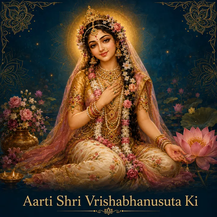 Devotional illustration accompanying Aarti Shri Vrishabhanusuta Ki, framed by a gold mandala halo and ornamental corner border on a deep blue background