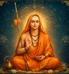 Traditional devotional depiction of Adi Shankaracharya as a young ascetic seated in saffron robes with a rudraksha mala, holding a staff and palm-leaf manuscript, forehead marked with tripundra, set against a golden mandala halo