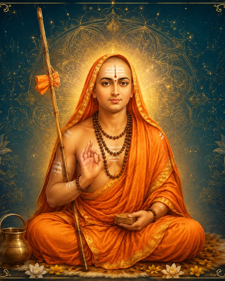 Traditional devotional depiction of Adi Shankaracharya as a young ascetic seated in saffron robes with a rudraksha mala, holding a staff and palm-leaf manuscript, forehead marked with tripundra, set against a golden mandala halo