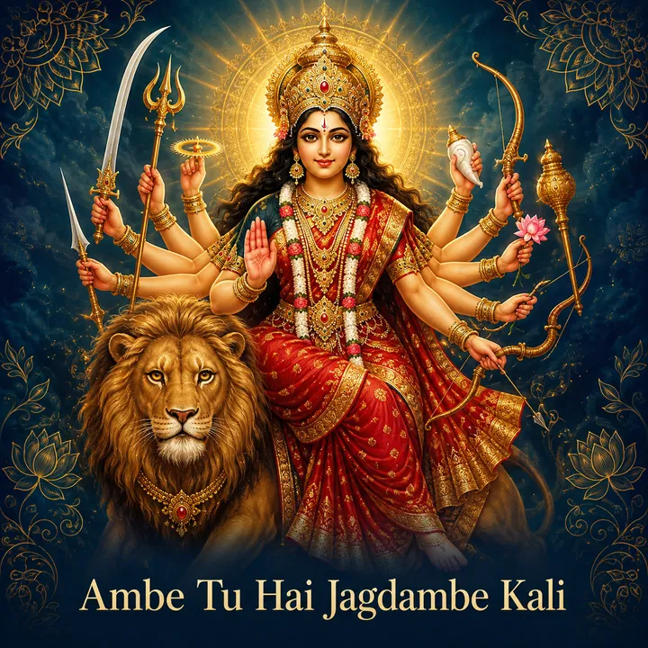 Devotional illustration accompanying Ambe Tu Hai Jagdambe Kali, framed by a gold mandala halo and ornamental corner border on a deep blue background
