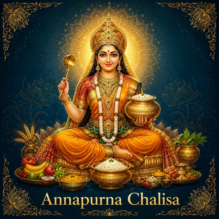 Devotional illustration accompanying Annapurna Chalisa, framed by a gold mandala halo and ornamental corner border on a deep blue background