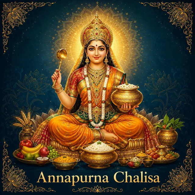 Devotional illustration accompanying Annapurna Chalisa, framed by a gold mandala halo and ornamental corner border on a deep blue background