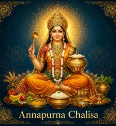 Devotional illustration accompanying Annapurna Chalisa, framed by a gold mandala halo and ornamental corner border on a deep blue background