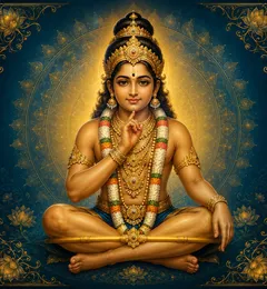 Traditional devotional depiction of Ayyappa seated in a yogic meditation posture, wearing a bell, in simple ascetic dress