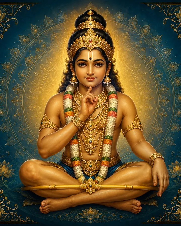 Traditional devotional depiction of Ayyappa seated in a yogic meditation posture, wearing a bell, in simple ascetic dress