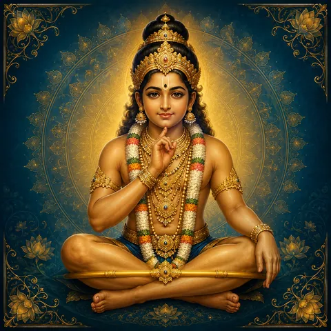 Traditional devotional depiction of Ayyappa seated in a yogic meditation posture, wearing a bell, in simple ascetic dress