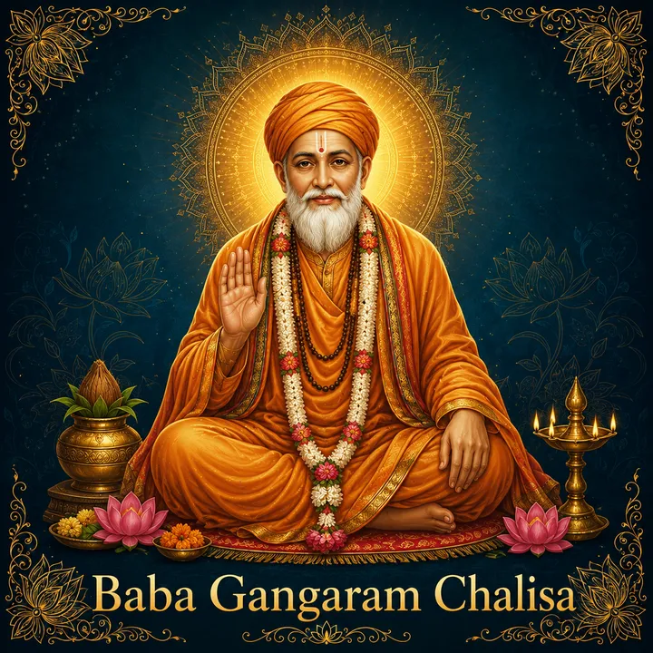Devotional illustration accompanying Baba Gangaram Chalisa, framed by a gold mandala halo and ornamental corner border on a deep blue background