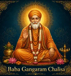 Devotional illustration accompanying Baba Gangaram Chalisa, framed by a gold mandala halo and ornamental corner border on a deep blue background