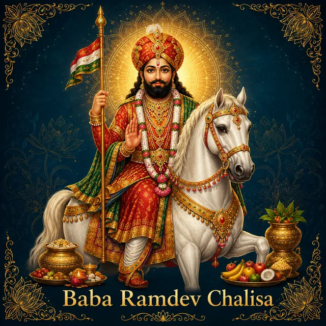 Devotional illustration accompanying Baba Ramdev Chalisa, framed by a gold mandala halo and ornamental corner border on a deep blue background