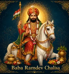Devotional illustration accompanying Baba Ramdev Chalisa, framed by a gold mandala halo and ornamental corner border on a deep blue background