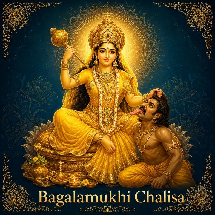 Devotional illustration accompanying Bagalamukhi Chalisa, framed by a gold mandala halo and ornamental corner border on a deep blue background