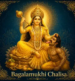 Devotional illustration accompanying Bagalamukhi Chalisa, framed by a gold mandala halo and ornamental corner border on a deep blue background