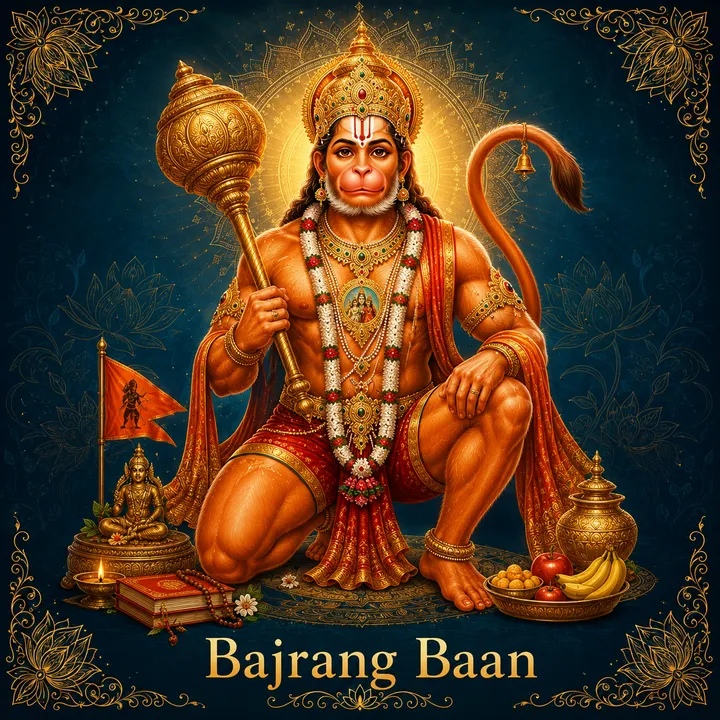 Devotional illustration accompanying Bajrang Baan, framed by a gold mandala halo and ornamental corner border on a deep blue background
