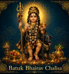 Devotional illustration accompanying Batuk Bhairav Chalisa, framed by a gold mandala halo and ornamental corner border on a deep blue background