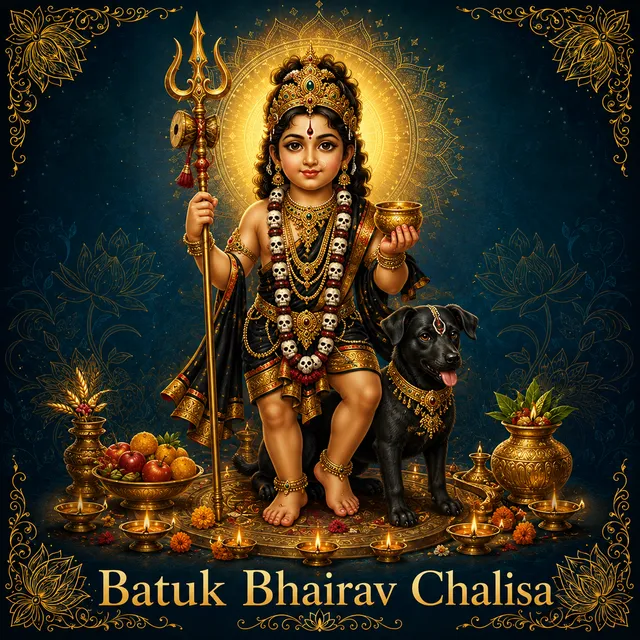 Devotional illustration accompanying Batuk Bhairav Chalisa, framed by a gold mandala halo and ornamental corner border on a deep blue background