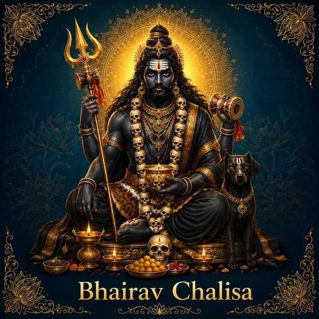 Devotional illustration accompanying Bhairav Chalisa, framed by a gold mandala halo and ornamental corner border on a deep blue background