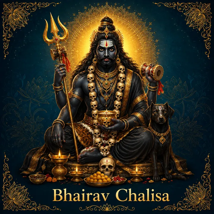 Devotional illustration accompanying Bhairav Chalisa, framed by a gold mandala halo and ornamental corner border on a deep blue background