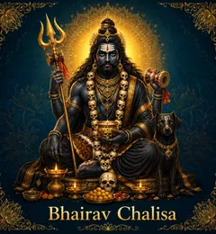 Devotional illustration accompanying Bhairav Chalisa, framed by a gold mandala halo and ornamental corner border on a deep blue background