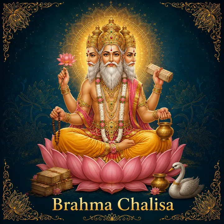 Devotional illustration accompanying Brahma Chalisa, framed by a gold mandala halo and ornamental corner border on a deep blue background