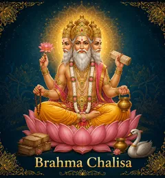 Devotional illustration accompanying Brahma Chalisa, framed by a gold mandala halo and ornamental corner border on a deep blue background