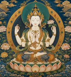Thangka-style depiction of Avalokiteshvara in the four-armed Shadakshari form, seated on a lotus throne with hands joined at the heart, holding a mala and a lotus flower