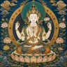 Thangka-style depiction of Avalokiteshvara in the four-armed Shadakshari form, seated on a lotus throne with hands joined at the heart, holding a mala and a lotus flower