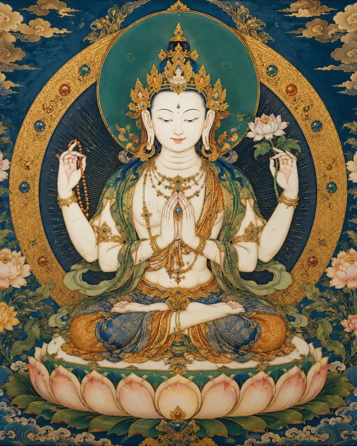 Thangka-style depiction of Avalokiteshvara in the four-armed Shadakshari form, seated on a lotus throne with hands joined at the heart, holding a mala and a lotus flower
