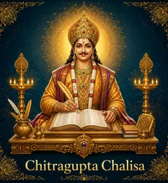 Devotional illustration accompanying Chitragupta Chalisa, framed by a gold mandala halo and ornamental corner border on a deep blue background